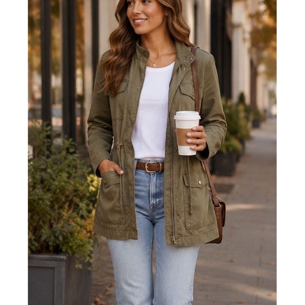 Old Navy Womens L Field Jacket Olive Green Cotton Zip Drawstring Waist Gorpcore